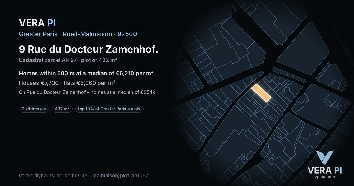 9 Rue du Docteur Zamenhof, Rueil-Malmaison at night – the plot lit, the parcels around coloured by the prices near them