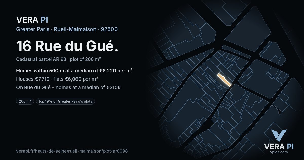 16 Rue du Gué, Rueil-Malmaison at night – the plot lit, the parcels around coloured by the prices near them