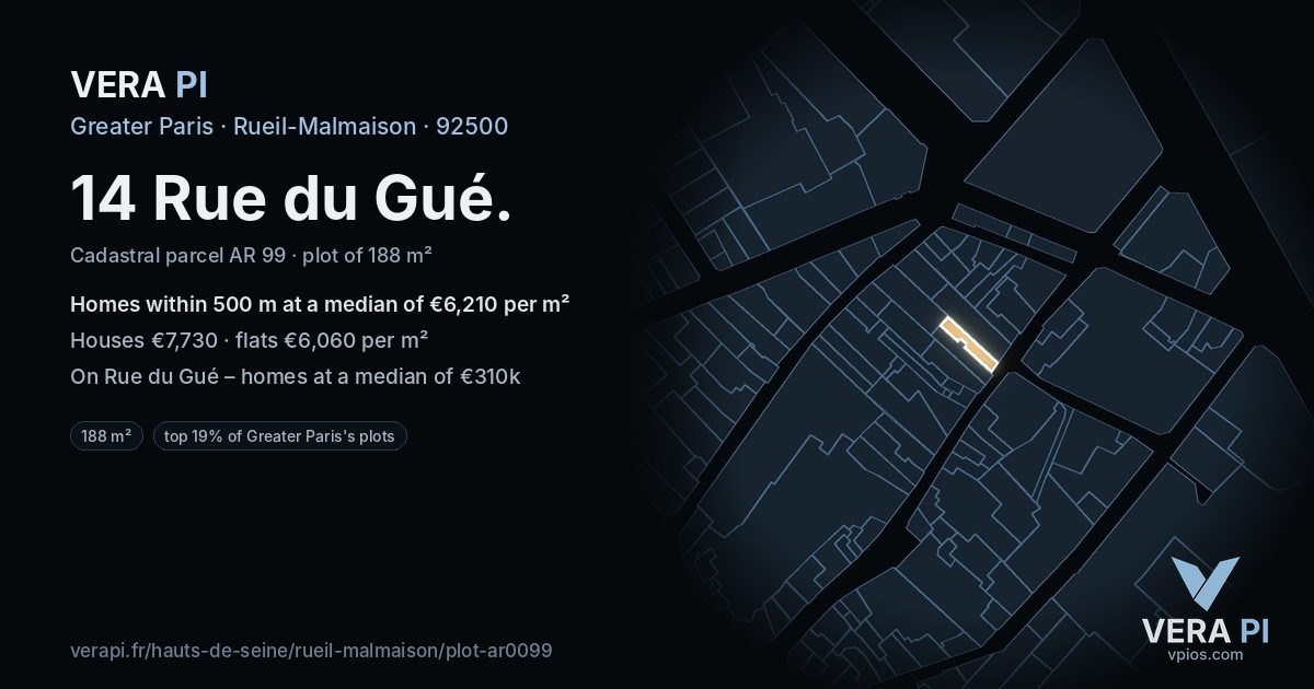 14 Rue du Gué, Rueil-Malmaison at night – the plot lit, the parcels around coloured by the prices near them