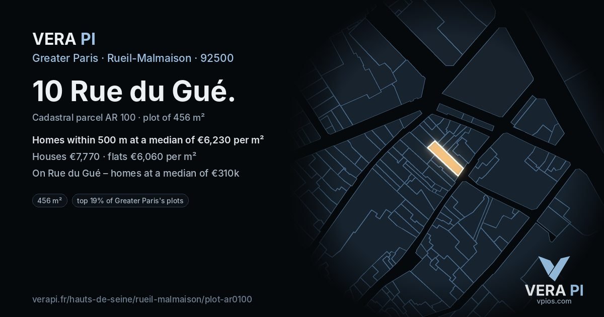 10 Rue du Gué, Rueil-Malmaison at night – the plot lit, the parcels around coloured by the prices near them