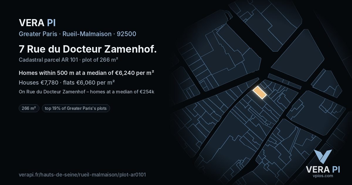 7 Rue du Docteur Zamenhof, Rueil-Malmaison at night – the plot lit, the parcels around coloured by the prices near them