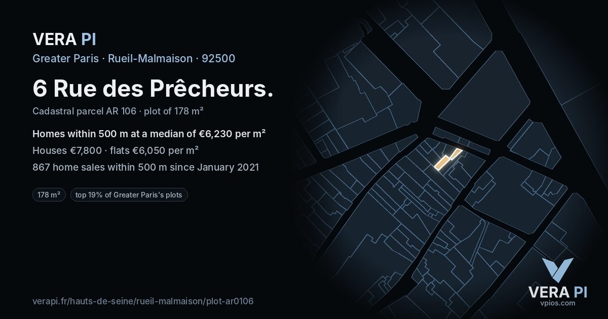 6 Rue des Prêcheurs, Rueil-Malmaison at night – the plot lit, the parcels around coloured by the prices near them