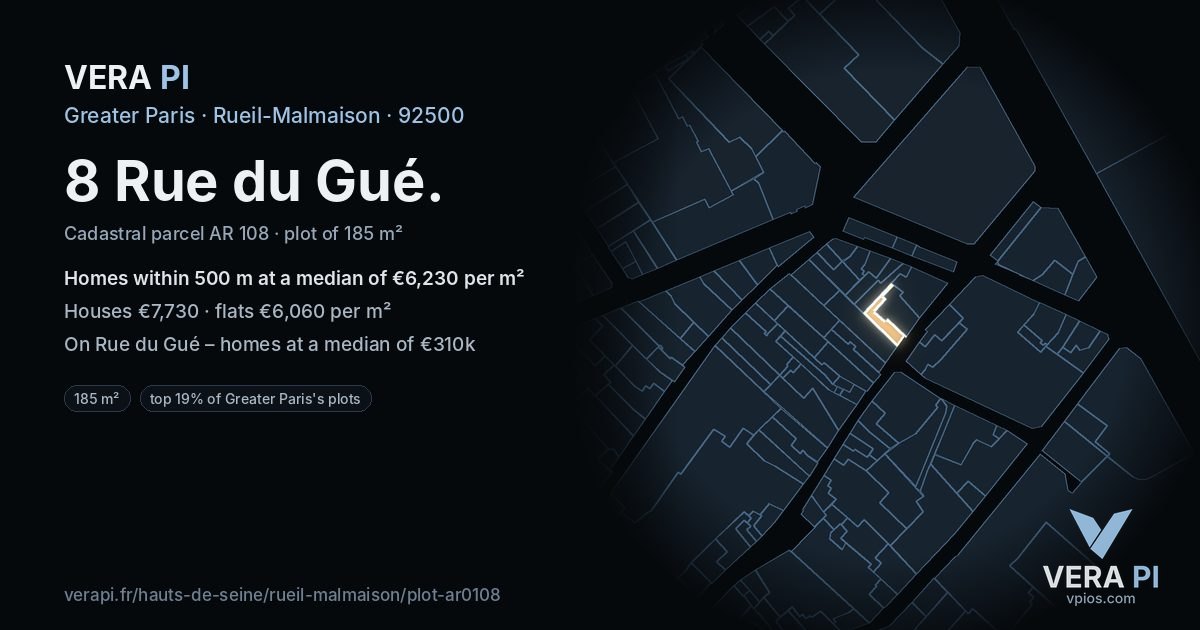 8 Rue du Gué, Rueil-Malmaison at night – the plot lit, the parcels around coloured by the prices near them