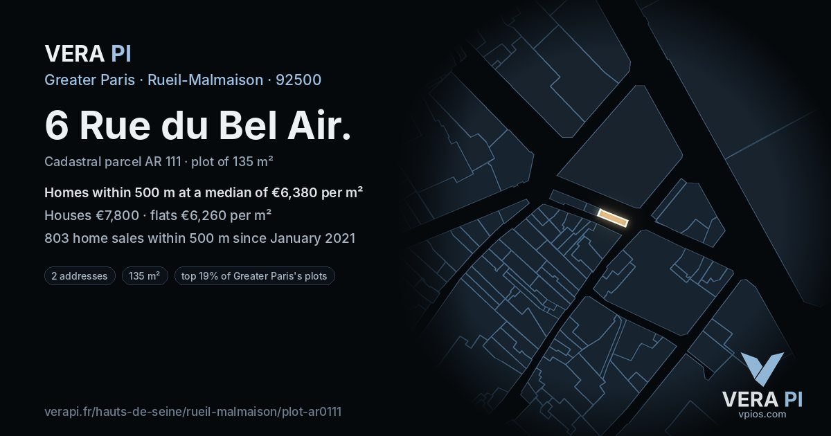 6 Rue du Bel Air, Rueil-Malmaison at night – the plot lit, the parcels around coloured by the prices near them