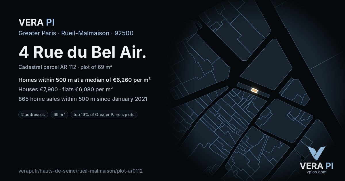 4 Rue du Bel Air, Rueil-Malmaison at night – the plot lit, the parcels around coloured by the prices near them