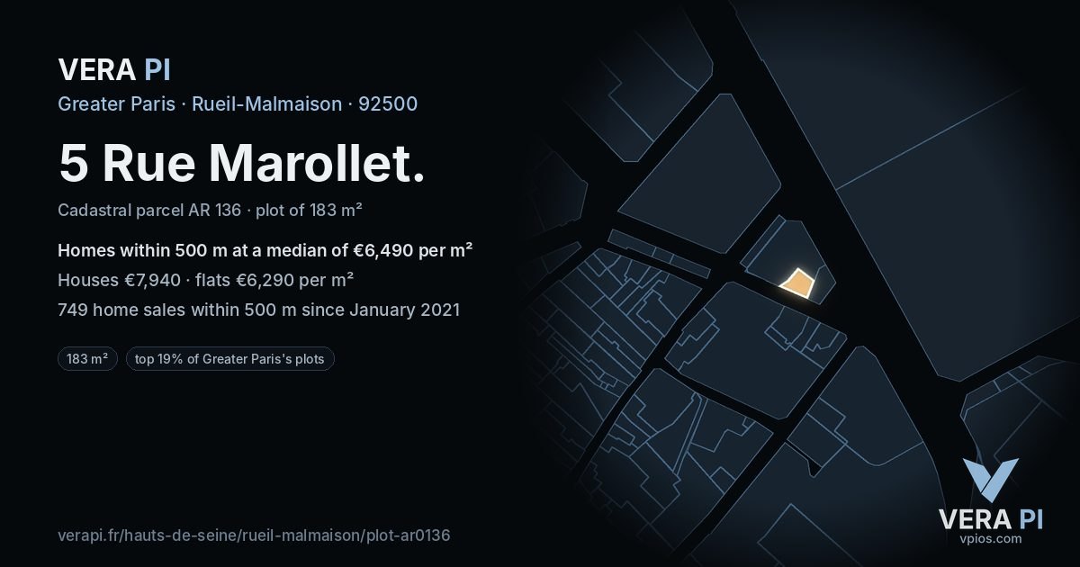 5 Rue Marollet, Rueil-Malmaison at night – the plot lit, the parcels around coloured by the prices near them