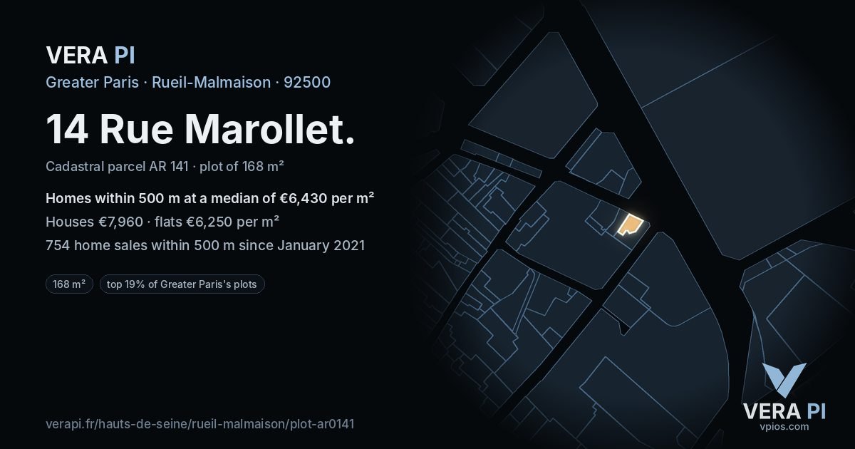 14 Rue Marollet, Rueil-Malmaison at night – the plot lit, the parcels around coloured by the prices near them