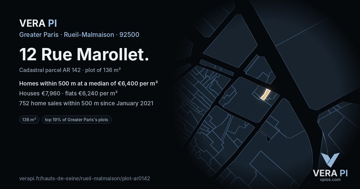12 Rue Marollet, Rueil-Malmaison at night – the plot lit, the parcels around coloured by the prices near them