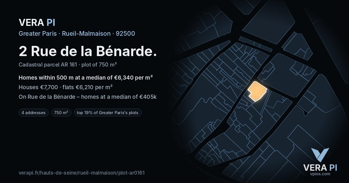 2 Rue de la Bénarde, Rueil-Malmaison at night – the plot lit, the parcels around coloured by the prices near them