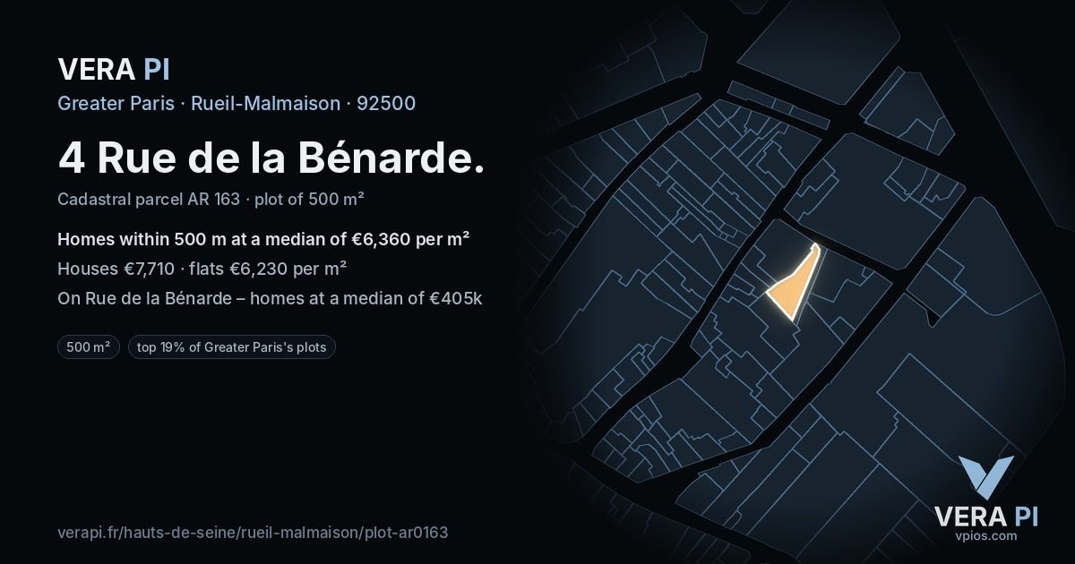 4 Rue de la Bénarde, Rueil-Malmaison at night – the plot lit, the parcels around coloured by the prices near them