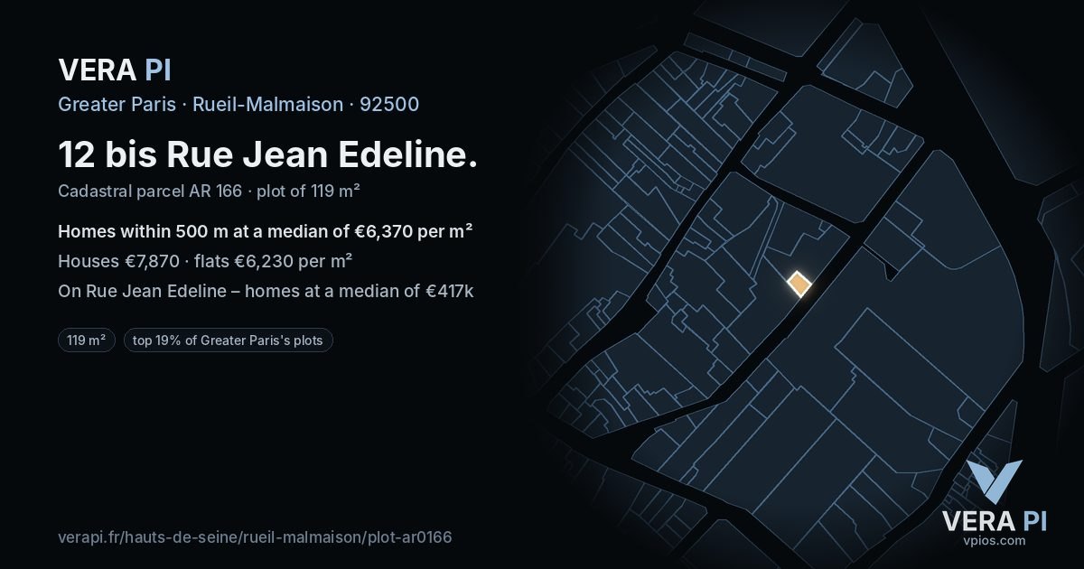12 bis Rue Jean Edeline, Rueil-Malmaison at night – the plot lit, the parcels around coloured by the prices near them
