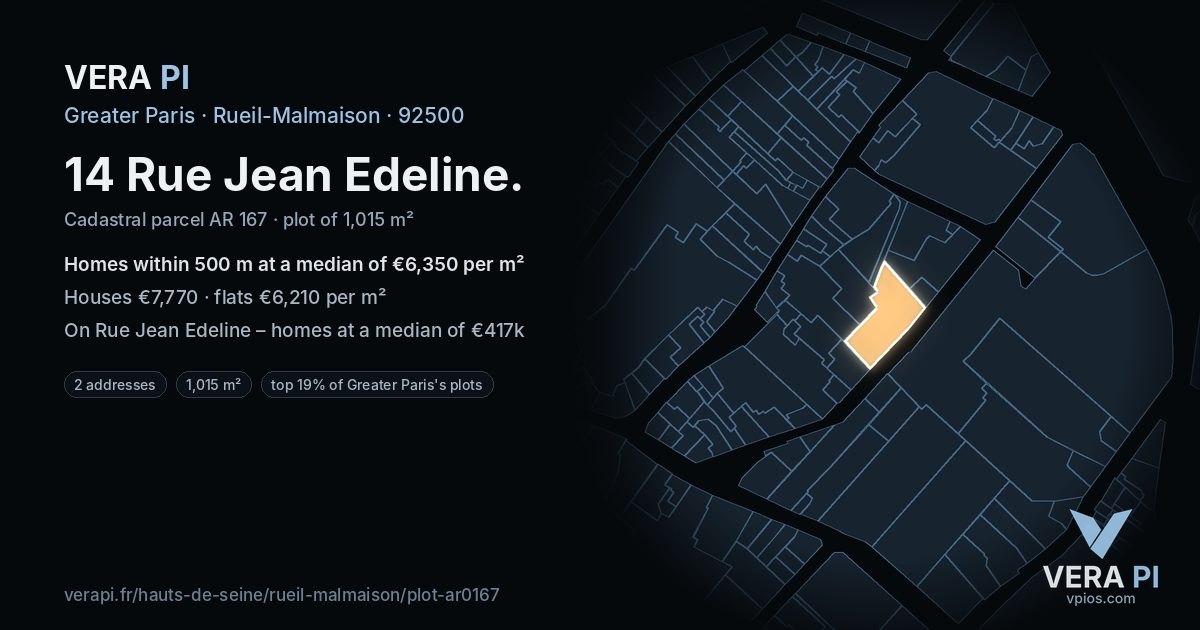 14 Rue Jean Edeline, Rueil-Malmaison at night – the plot lit, the parcels around coloured by the prices near them