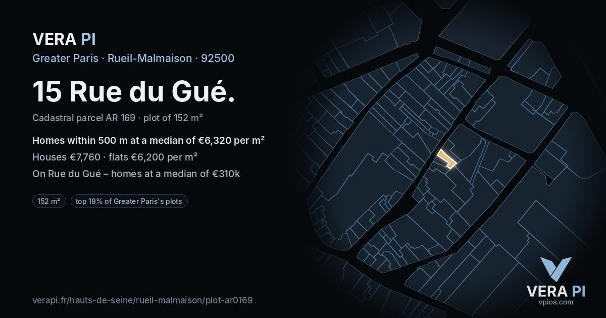 15 Rue du Gué, Rueil-Malmaison at night – the plot lit, the parcels around coloured by the prices near them