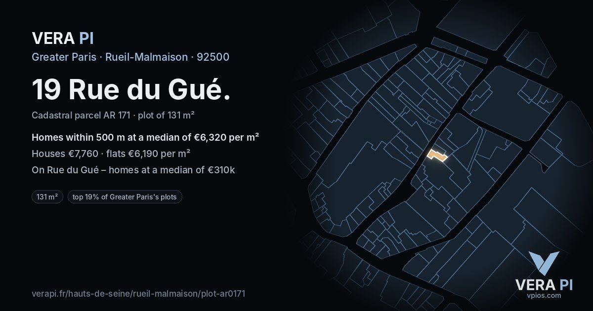 19 Rue du Gué, Rueil-Malmaison at night – the plot lit, the parcels around coloured by the prices near them