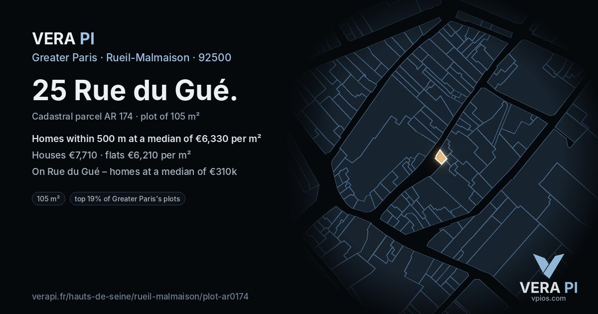 25 Rue du Gué, Rueil-Malmaison at night – the plot lit, the parcels around coloured by the prices near them