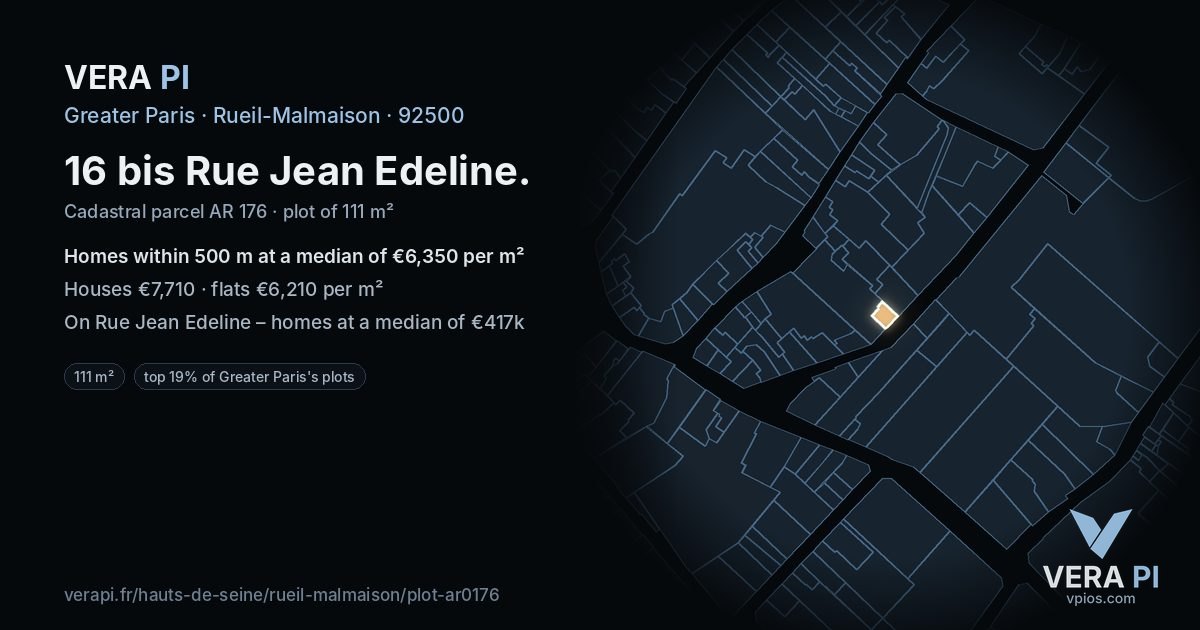 16 bis Rue Jean Edeline, Rueil-Malmaison at night – the plot lit, the parcels around coloured by the prices near them