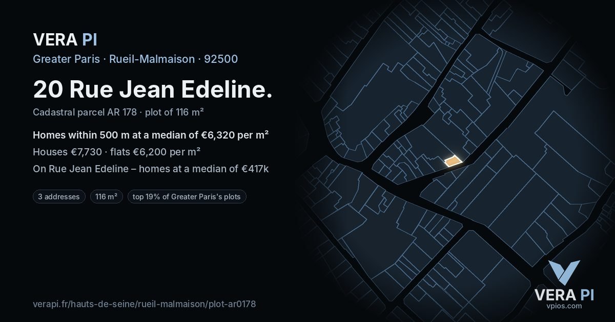 20 Rue Jean Edeline, Rueil-Malmaison at night – the plot lit, the parcels around coloured by the prices near them