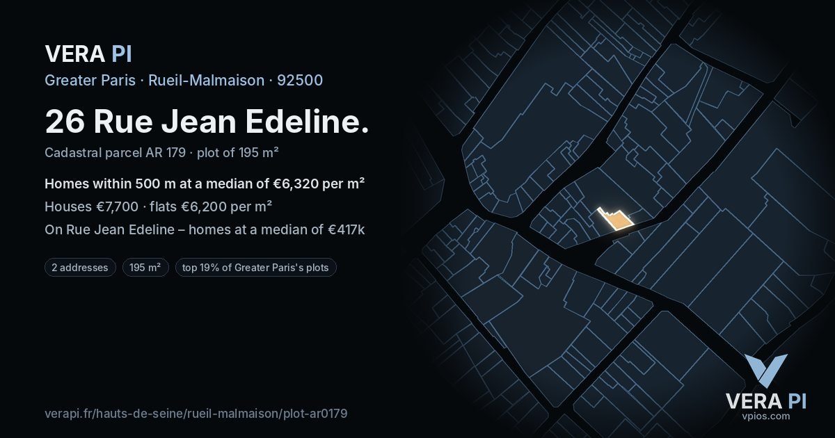 26 Rue Jean Edeline, Rueil-Malmaison at night – the plot lit, the parcels around coloured by the prices near them