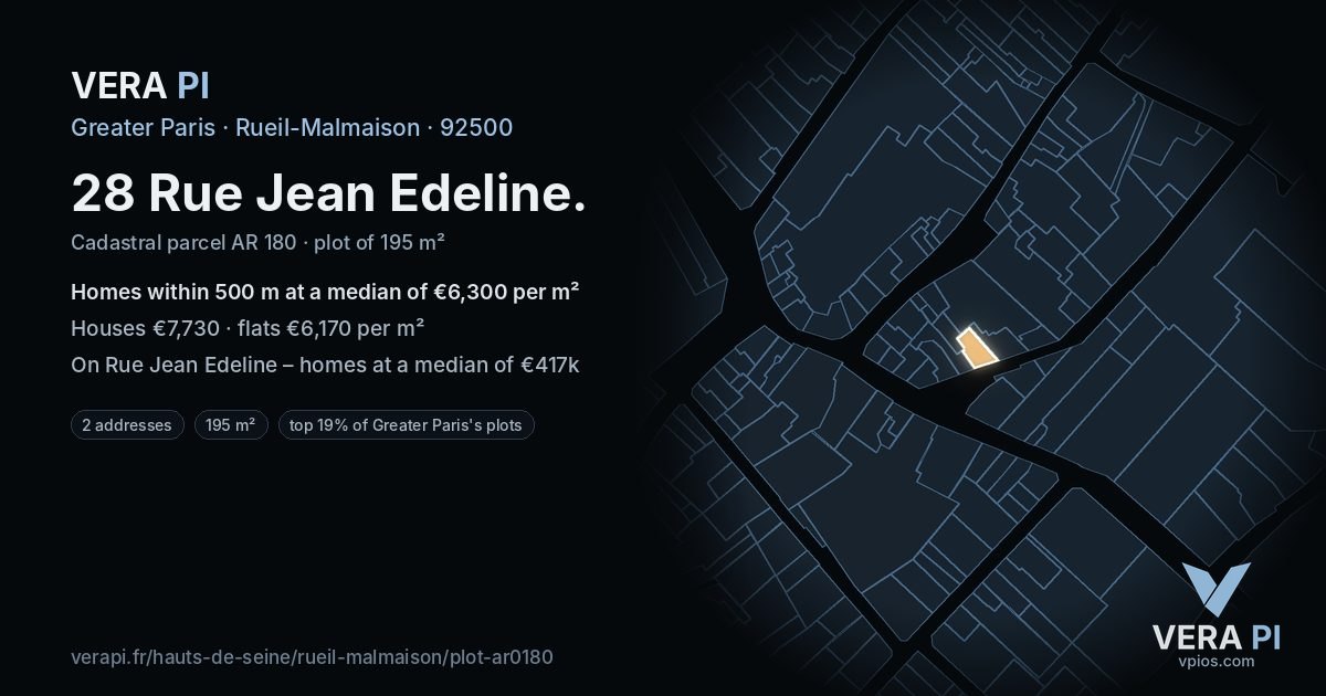 28 Rue Jean Edeline, Rueil-Malmaison at night – the plot lit, the parcels around coloured by the prices near them