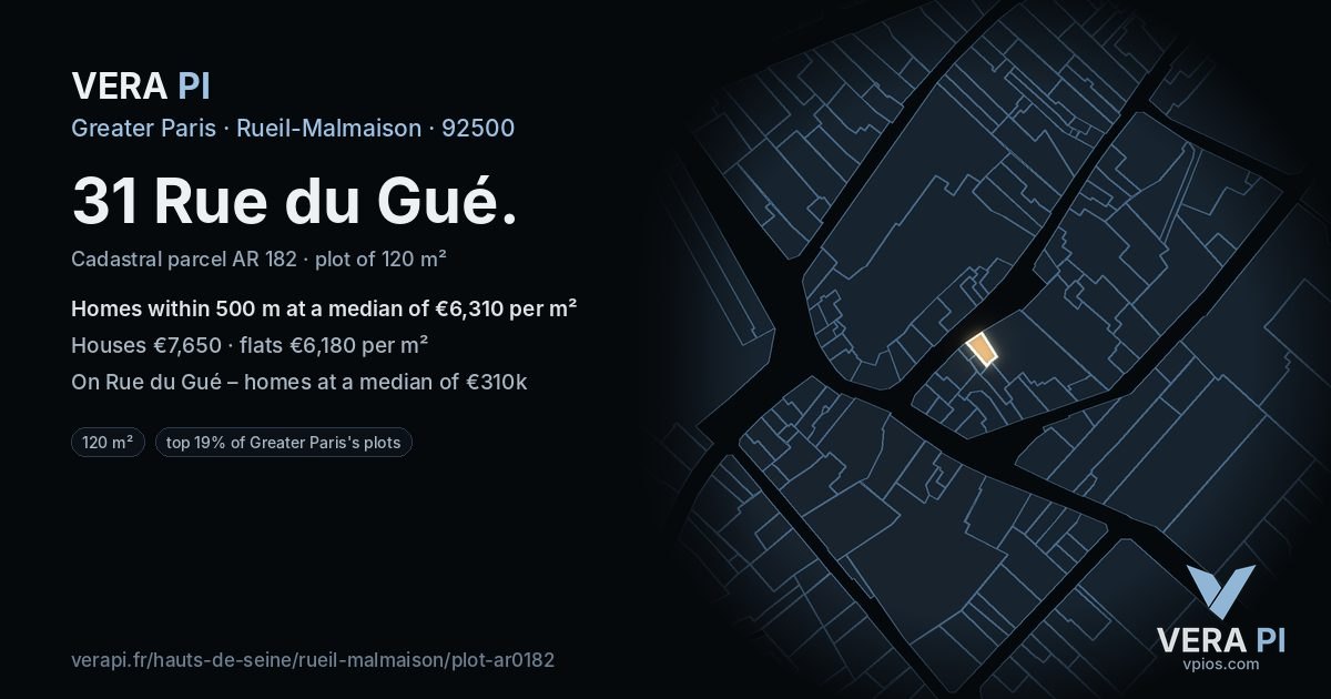 31 Rue du Gué, Rueil-Malmaison at night – the plot lit, the parcels around coloured by the prices near them