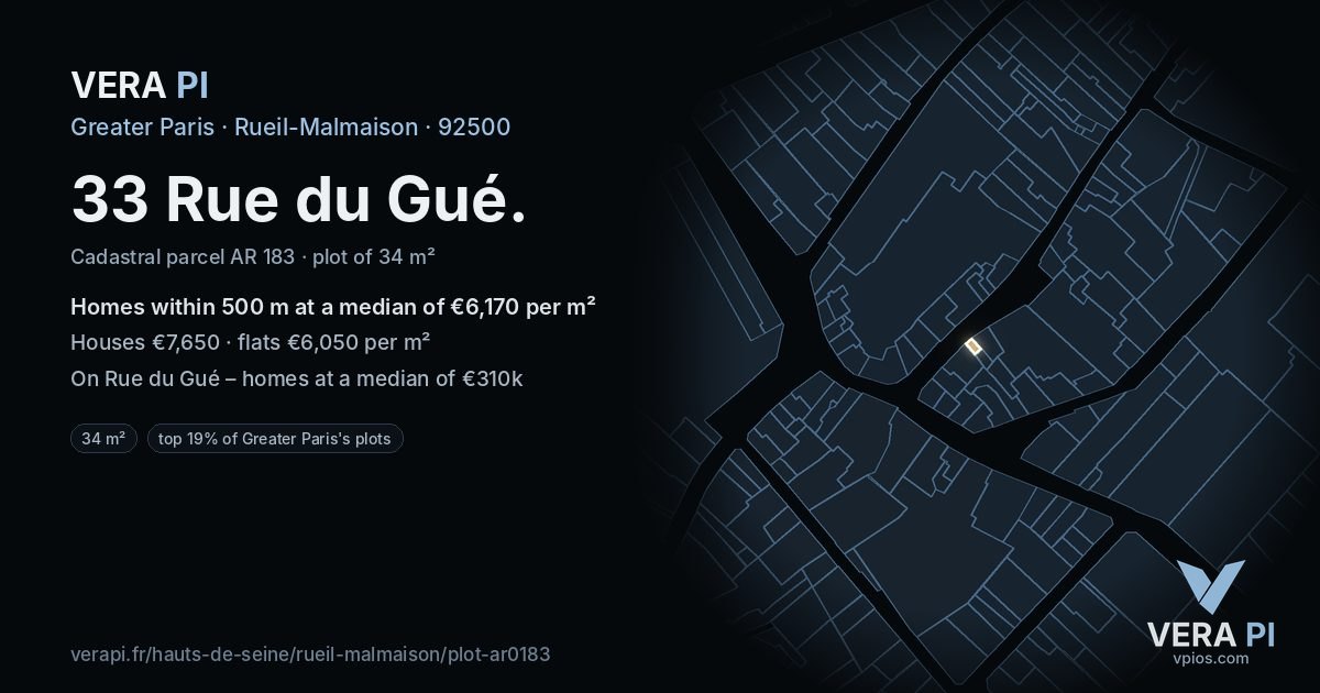 33 Rue du Gué, Rueil-Malmaison at night – the plot lit, the parcels around coloured by the prices near them
