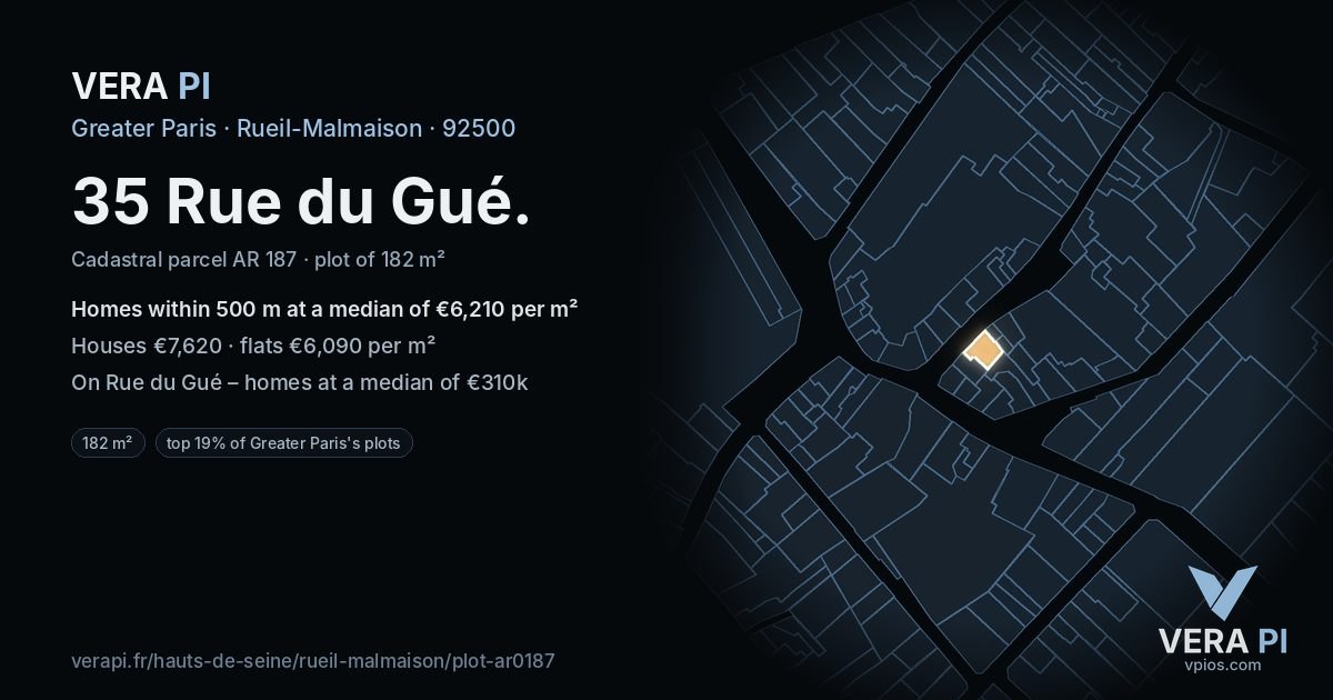 35 Rue du Gué, Rueil-Malmaison at night – the plot lit, the parcels around coloured by the prices near them