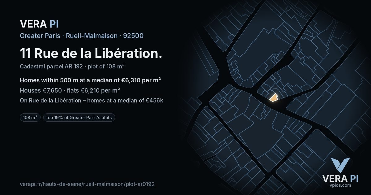 11 Rue de la Libération, Rueil-Malmaison at night – the plot lit, the parcels around coloured by the prices near them