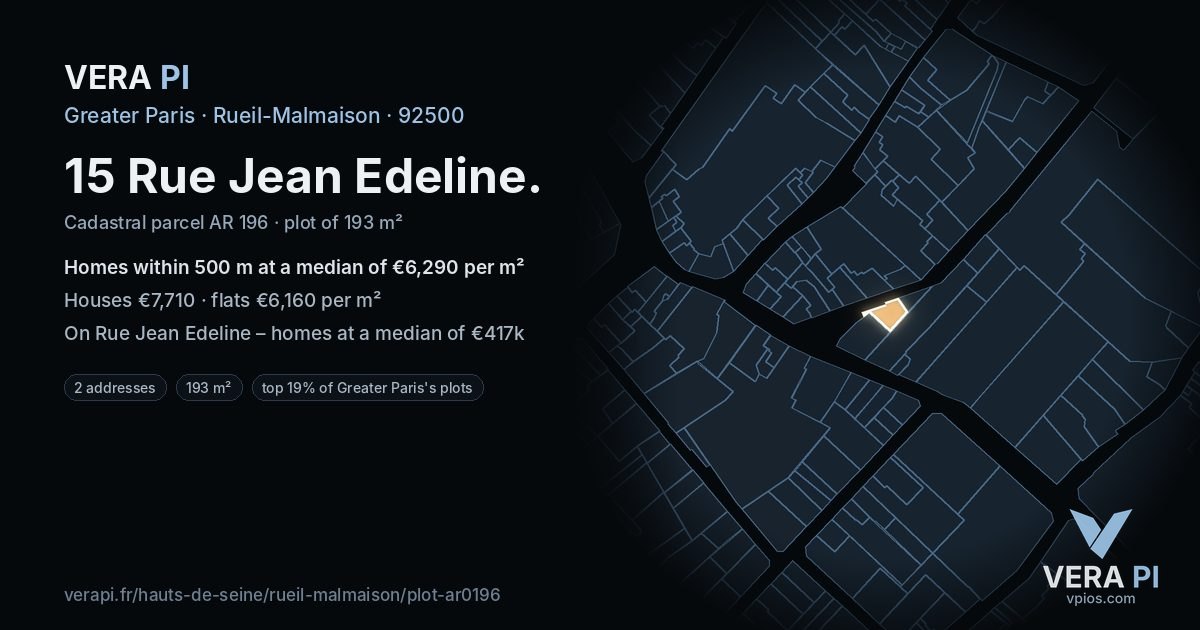 15 Rue Jean Edeline, Rueil-Malmaison at night – the plot lit, the parcels around coloured by the prices near them