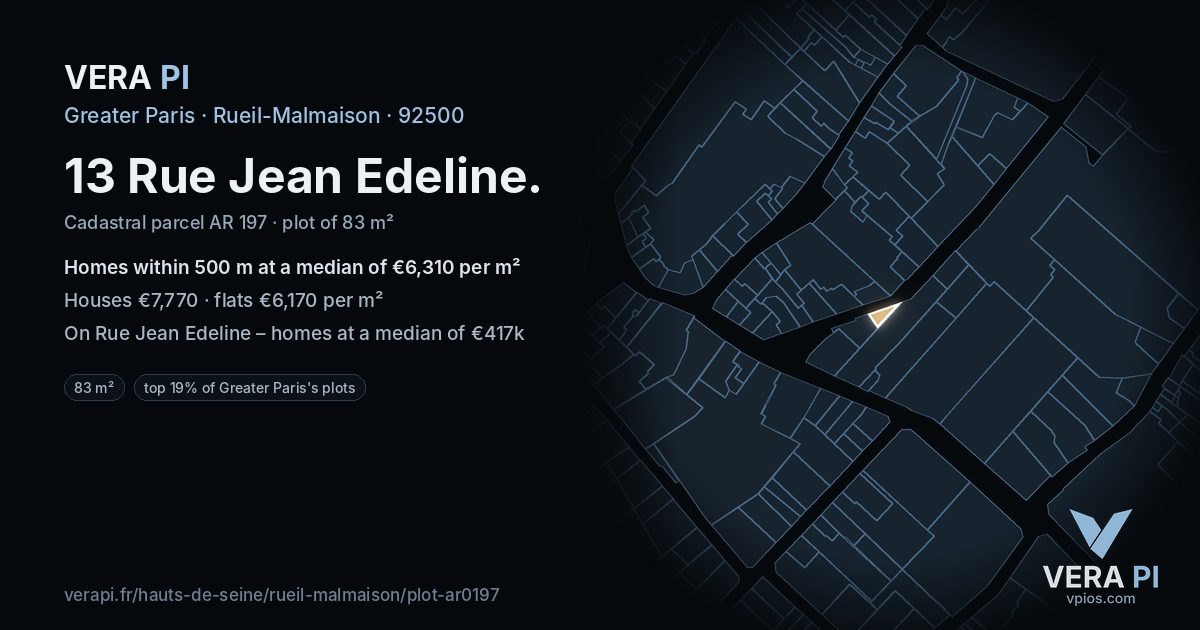 13 Rue Jean Edeline, Rueil-Malmaison at night – the plot lit, the parcels around coloured by the prices near them