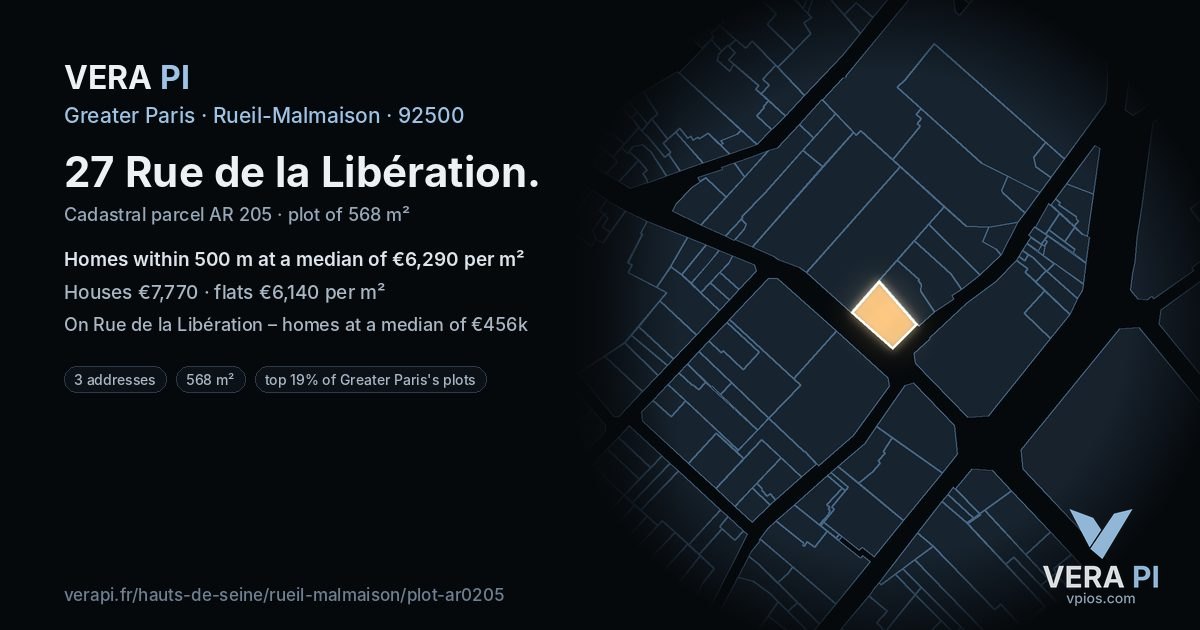 27 Rue de la Libération, Rueil-Malmaison at night – the plot lit, the parcels around coloured by the prices near them