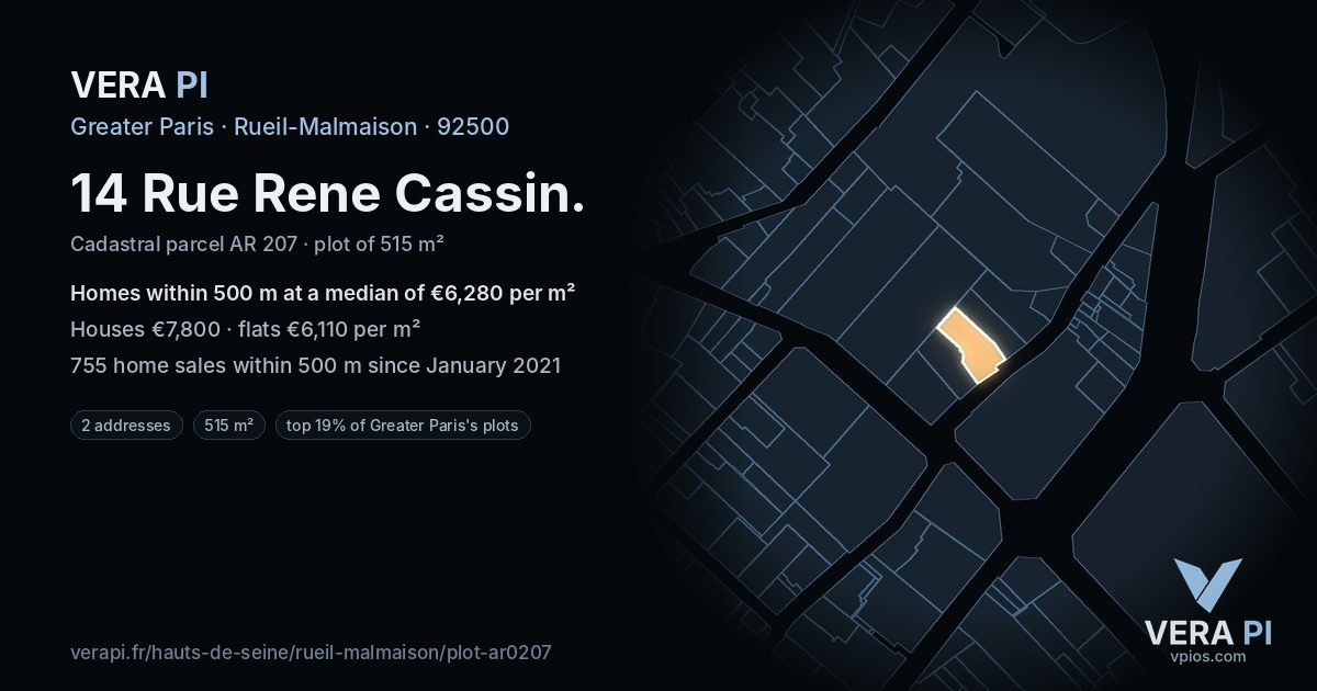 14 Rue Rene Cassin, Rueil-Malmaison at night – the plot lit, the parcels around coloured by the prices near them