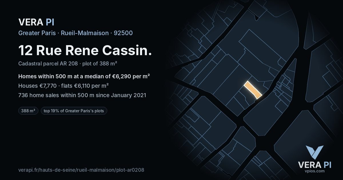 12 Rue Rene Cassin, Rueil-Malmaison at night – the plot lit, the parcels around coloured by the prices near them
