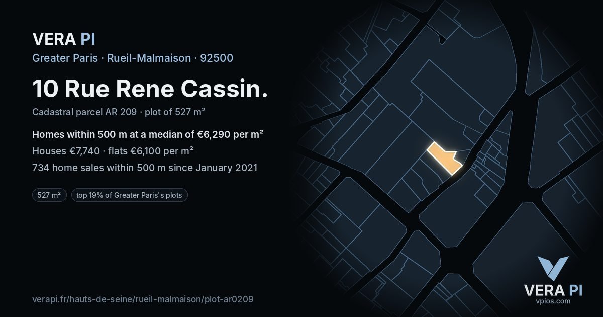 10 Rue Rene Cassin, Rueil-Malmaison at night – the plot lit, the parcels around coloured by the prices near them