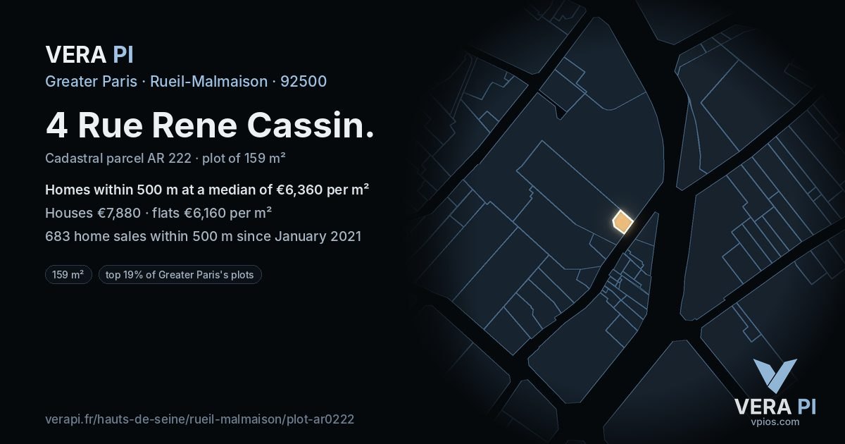 4 Rue Rene Cassin, Rueil-Malmaison at night – the plot lit, the parcels around coloured by the prices near them