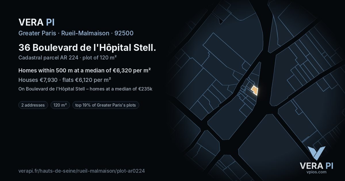 36 Boulevard de l'Hôpital Stell, Rueil-Malmaison at night – the plot lit, the parcels around coloured by the prices near them