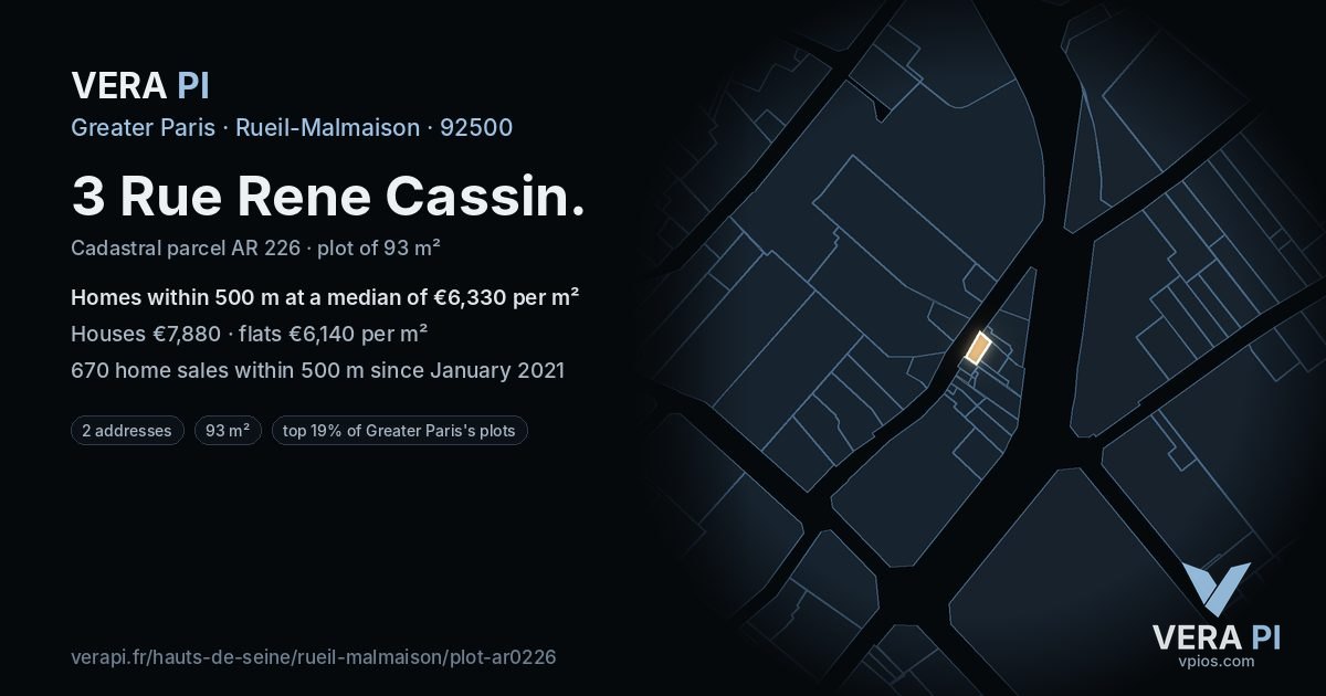 3 Rue Rene Cassin, Rueil-Malmaison at night – the plot lit, the parcels around coloured by the prices near them