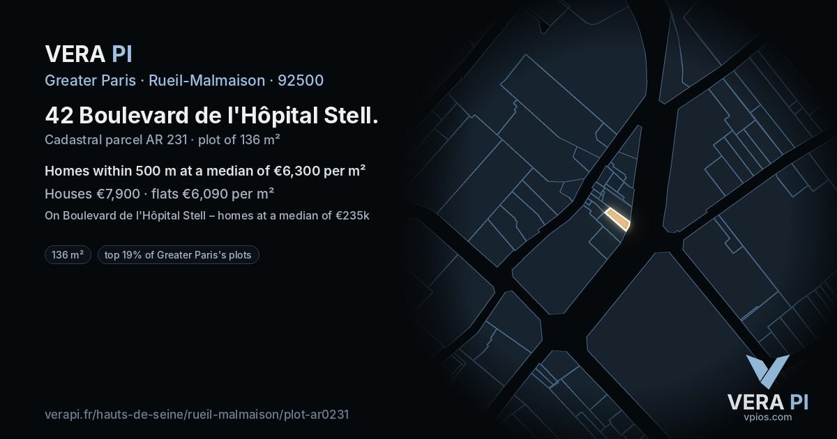 42 Boulevard de l'Hôpital Stell, Rueil-Malmaison at night – the plot lit, the parcels around coloured by the prices near them