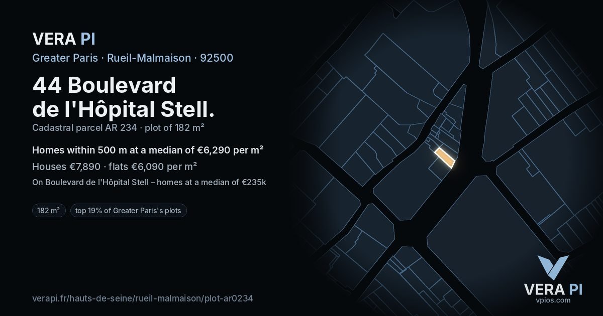 44 Boulevard de l'Hôpital Stell, Rueil-Malmaison at night – the plot lit, the parcels around coloured by the prices near them