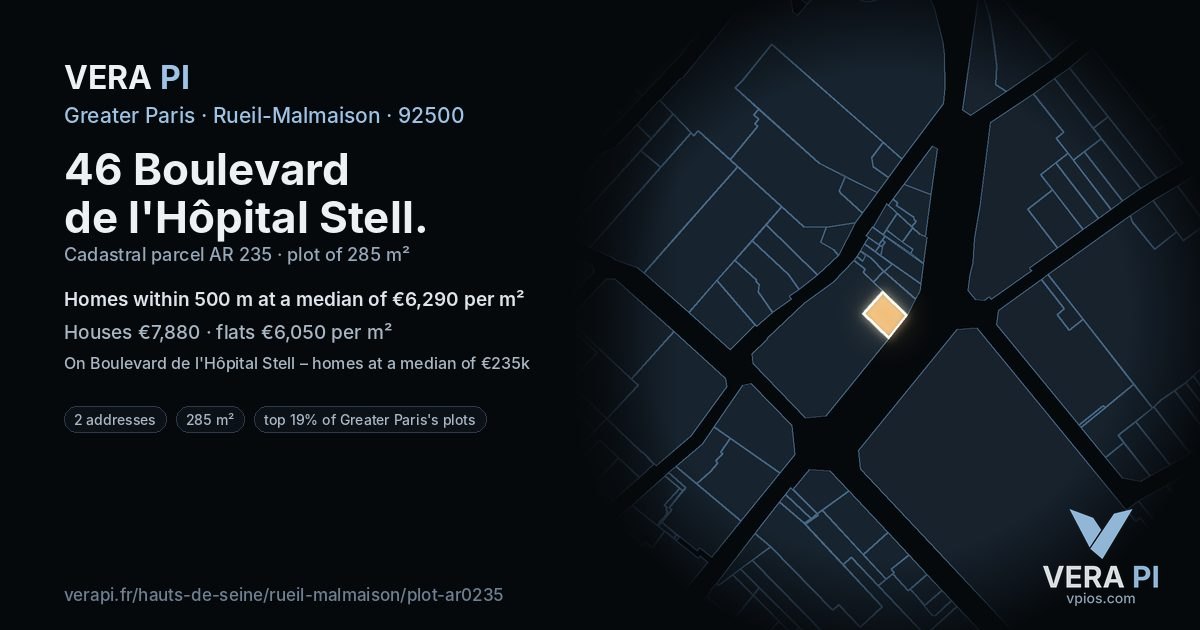 46 Boulevard de l'Hôpital Stell, Rueil-Malmaison at night – the plot lit, the parcels around coloured by the prices near them