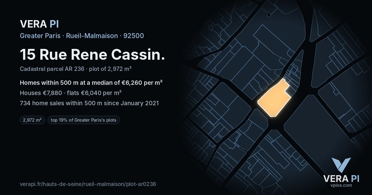 15 Rue Rene Cassin, Rueil-Malmaison at night – the plot lit, the parcels around coloured by the prices near them
