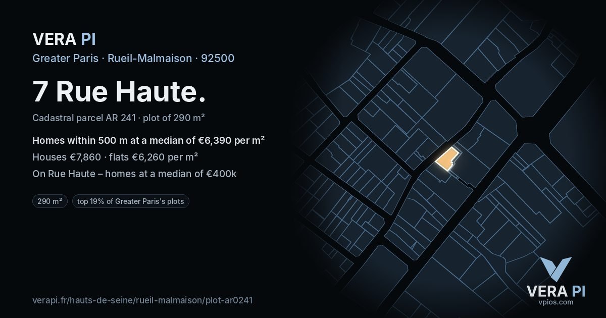 7 Rue Haute, Rueil-Malmaison at night – the plot lit, the parcels around coloured by the prices near them