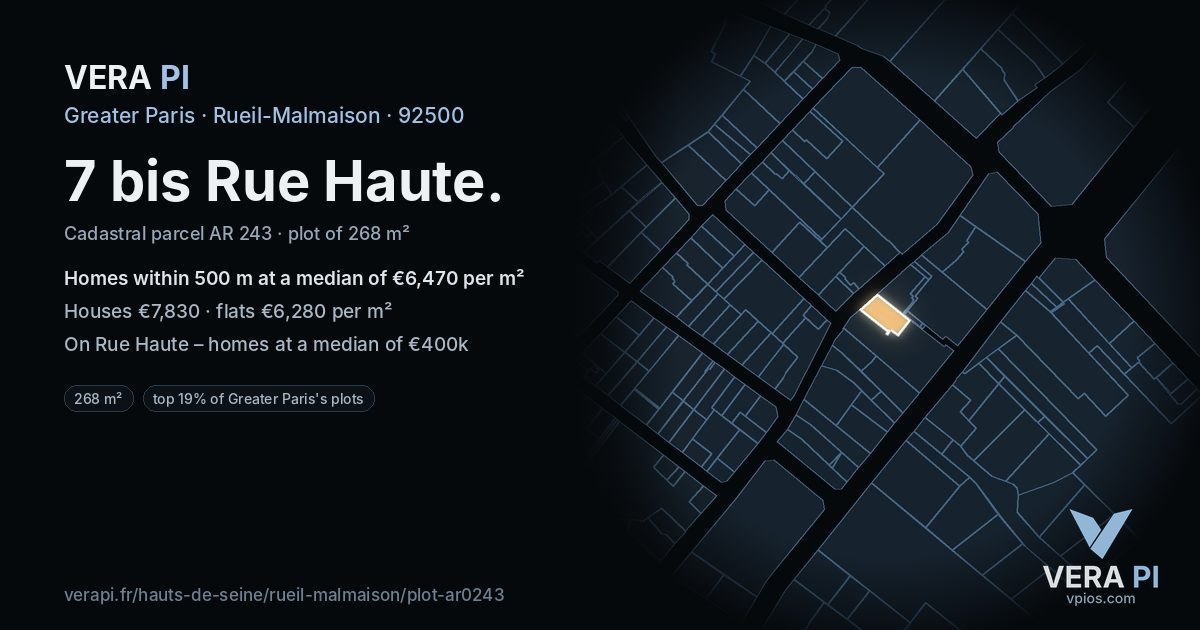 7 bis Rue Haute, Rueil-Malmaison at night – the plot lit, the parcels around coloured by the prices near them
