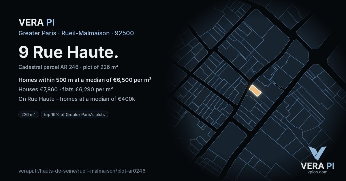 9 Rue Haute, Rueil-Malmaison at night – the plot lit, the parcels around coloured by the prices near them