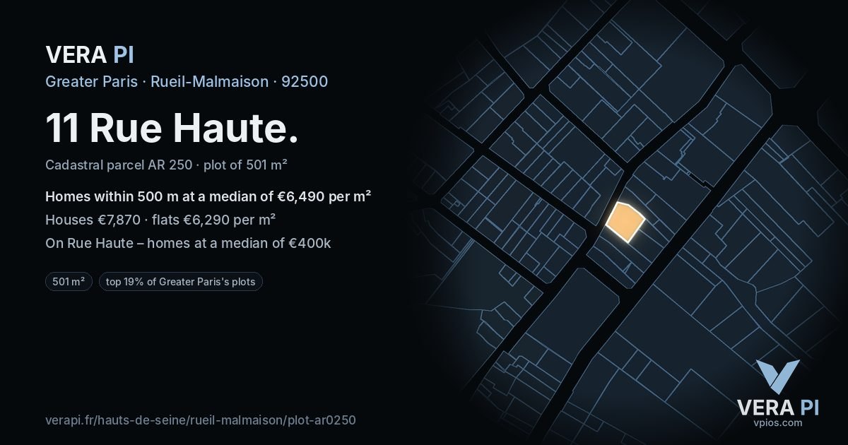 11 Rue Haute, Rueil-Malmaison at night – the plot lit, the parcels around coloured by the prices near them
