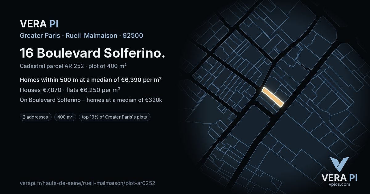 16 Boulevard Solferino, Rueil-Malmaison at night – the plot lit, the parcels around coloured by the prices near them