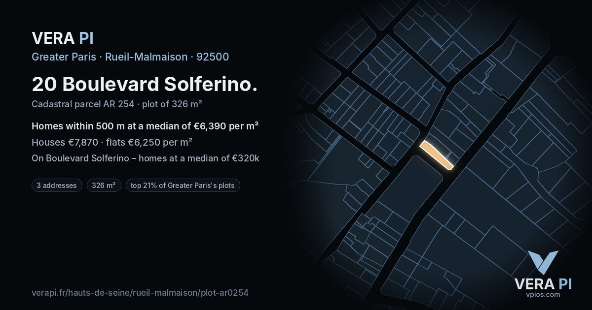 20 Boulevard Solferino, Rueil-Malmaison at night – the plot lit, the parcels around coloured by the prices near them