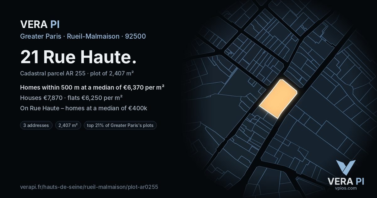 21 Rue Haute, Rueil-Malmaison at night – the plot lit, the parcels around coloured by the prices near them