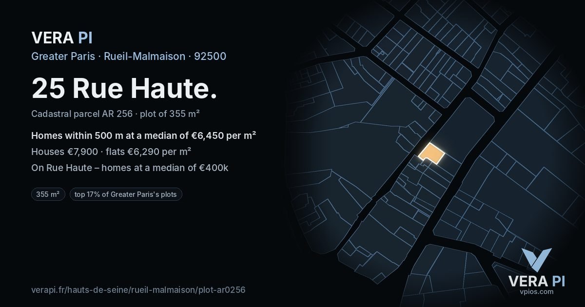 25 Rue Haute, Rueil-Malmaison at night – the plot lit, the parcels around coloured by the prices near them