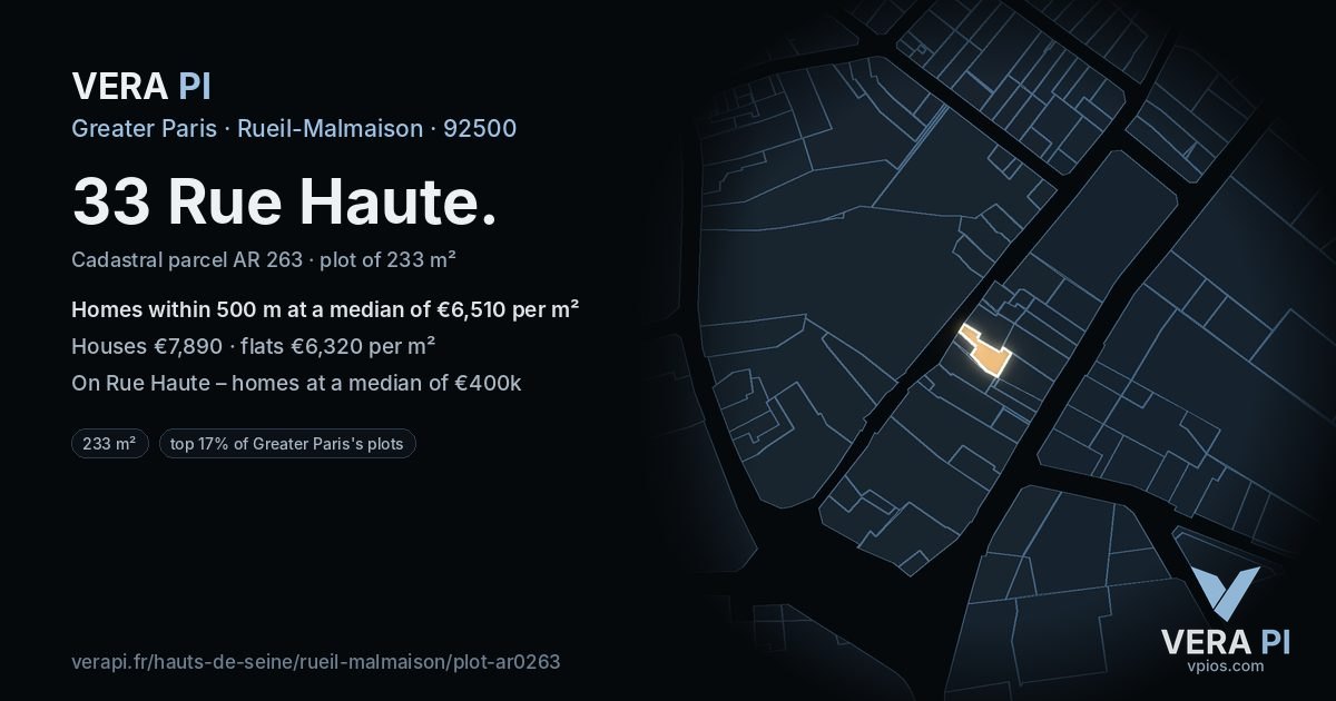 33 Rue Haute, Rueil-Malmaison at night – the plot lit, the parcels around coloured by the prices near them
