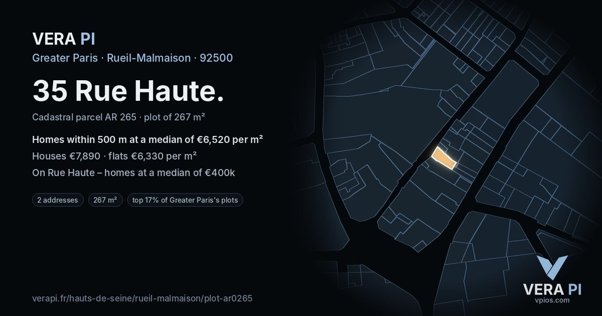 35 Rue Haute, Rueil-Malmaison at night – the plot lit, the parcels around coloured by the prices near them